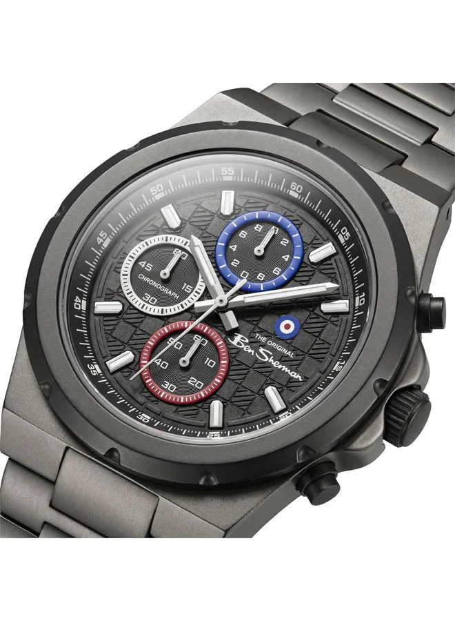 بين شيرمان Manchester  Black Dial Gunmetal Stainless Steel Bracelet Chronograph Watch for Men, 43mm