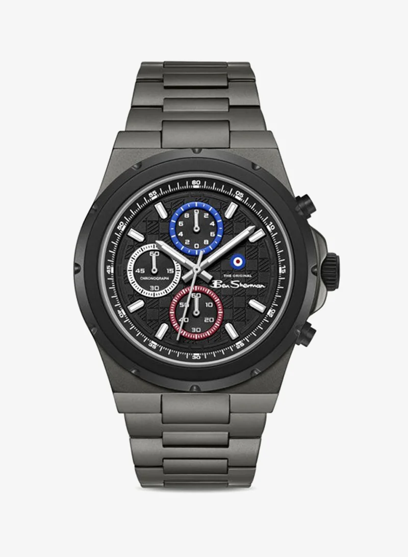 بين شيرمان Manchester  Black Dial Gunmetal Stainless Steel Bracelet Chronograph Watch for Men, 43mm