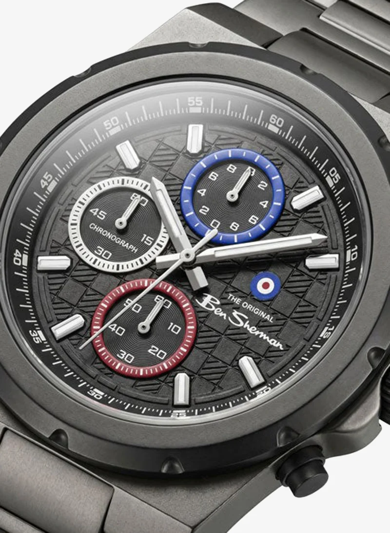 بين شيرمان Manchester  Black Dial Gunmetal Stainless Steel Bracelet Chronograph Watch for Men, 43mm
