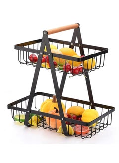 NOVOLAN NOVOLAN Fruit Storage Organizer 2 Tier Vegetable Storage Rack, Detachable Assembly & Convenient Storage Wooden Hand Basket Wrought Iron Fruit Rack Fruit Basket Double Storage Double-Layer (black)  - Image 1