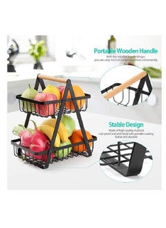 NOVOLAN NOVOLAN Fruit Storage Organizer 2 Tier Vegetable Storage Rack, Detachable Assembly & Convenient Storage Wooden Hand Basket Wrought Iron Fruit Rack Fruit Basket Double Storage Double-Layer (black)  - Image 2