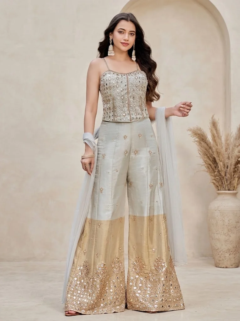 VINY Beige Mirror Work Embellished Top & Palazzo Set – Women's Indian Ethnic Wear