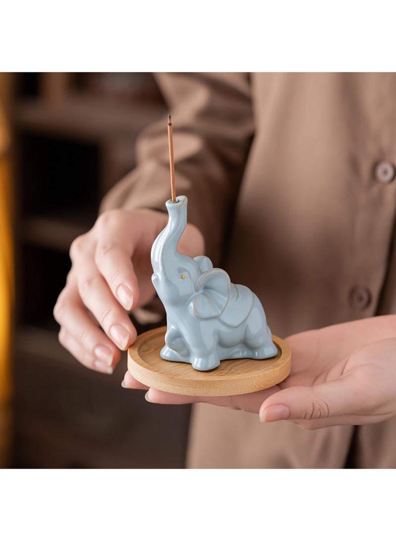 SYOSI Elephant Incense Holder with Ash Catcher, Ceramic Incense Stick Holder for Sticks, Blue Elephant Statue Decoration for Feng Shui, Home, Yoga, Spa and Meditation, 3.5" H x 3.4" L x 2.8" W - Image 2