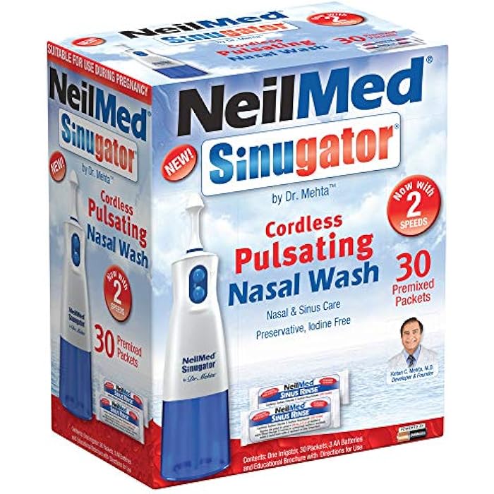 NeilMed Sinugator Cordless Pulsating Nasal Wash Kit with One Irrigator, 30 Premixed Packets and 3 AA Batteries(Pack of 1) - Image 1