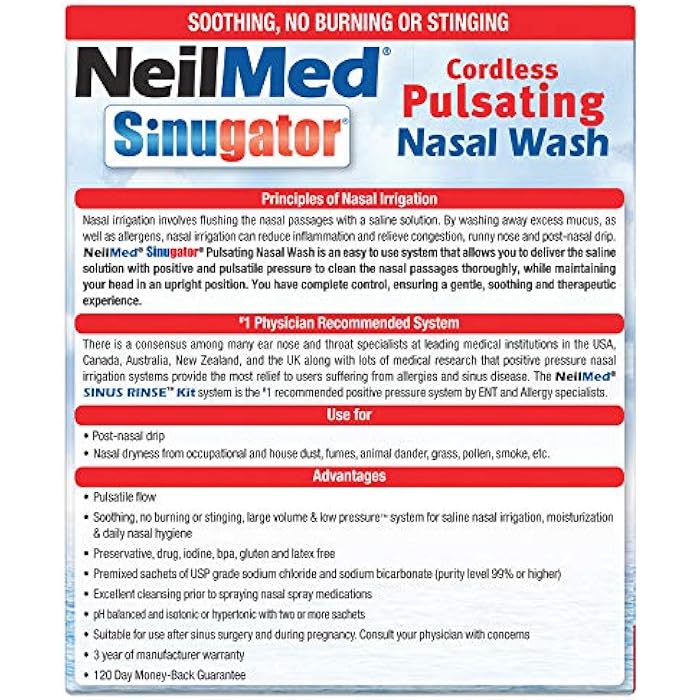 NeilMed Sinugator Cordless Pulsating Nasal Wash Kit with One Irrigator, 30 Premixed Packets and 3 AA Batteries(Pack of 1) - Image 3