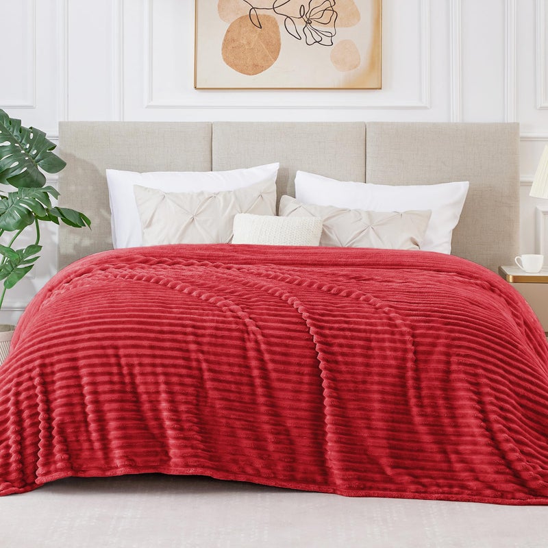 BEDELITE Fleece Blanket King Size - 3D Ribbed Jacquard Soft and Warm Decorative Fuzzy Blankets - Cozy  Fluffy  Plush Lightweight Throw Blankets for Couch  Bed  Sofa(Red  108x90 inches) - Image 2