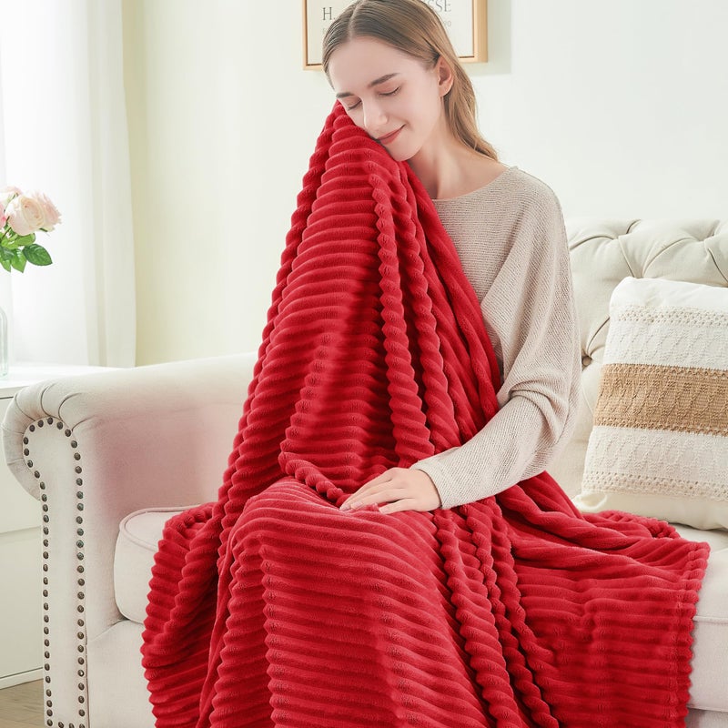 BEDELITE Fleece Blanket King Size - 3D Ribbed Jacquard Soft and Warm Decorative Fuzzy Blankets - Cozy  Fluffy  Plush Lightweight Throw Blankets for Couch  Bed  Sofa(Red  108x90 inches) - Image 3