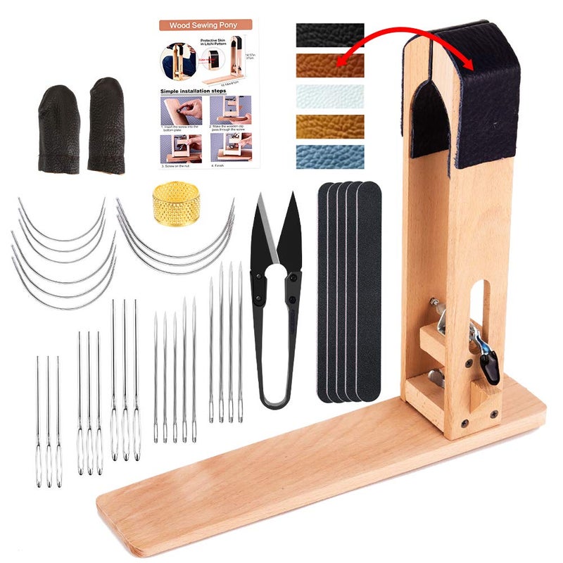 LUNARM Stitching Pony - Leather Sewing Table Desktop Pony Horse Clamp with Big Eyes Sewing Needles Instruction Nail Files Replaceable Patch for DIY Leather Hand Stitching