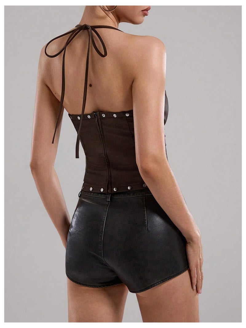 WDIRARA Women's PU Leather Lace Up Halter Top Vintage Western Sleeveless Backless Camisole Tops Brown Small - Image 2
