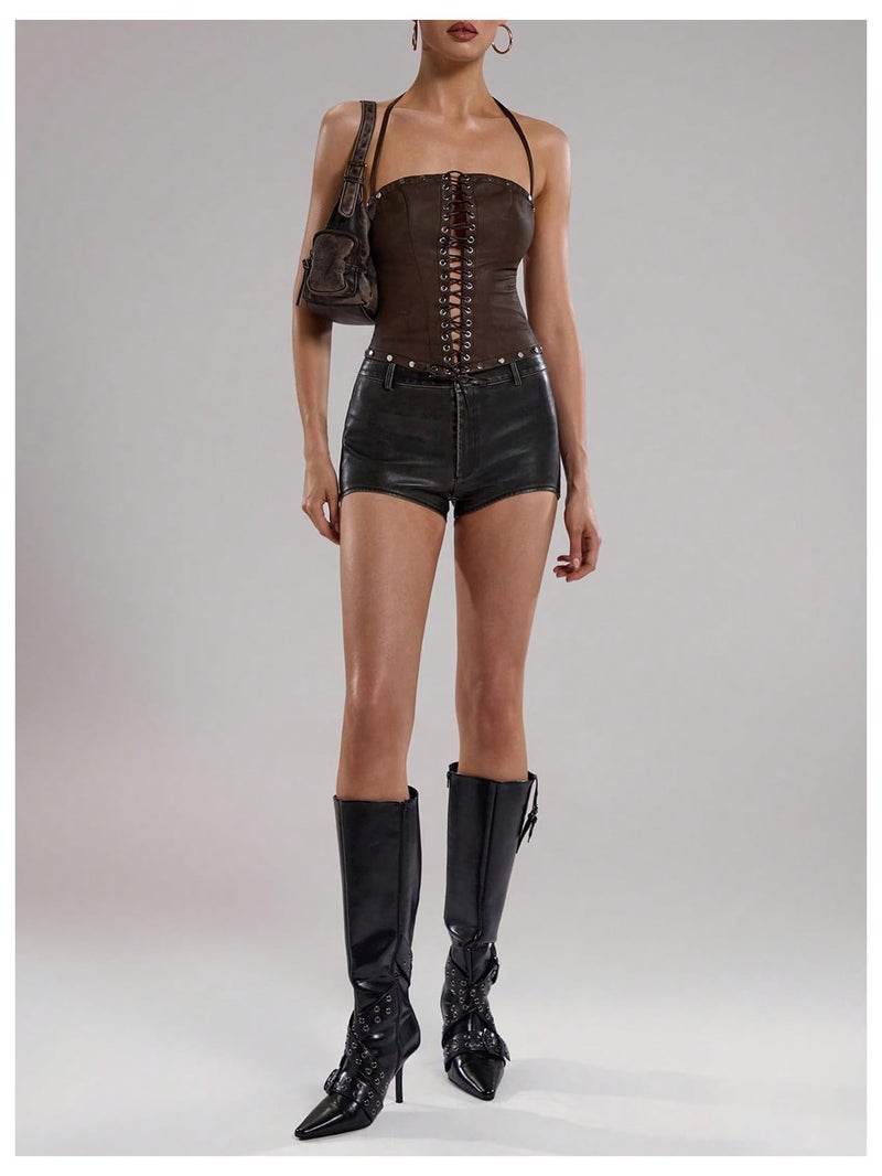 WDIRARA Women's PU Leather Lace Up Halter Top Vintage Western Sleeveless Backless Camisole Tops Brown Small - Image 5