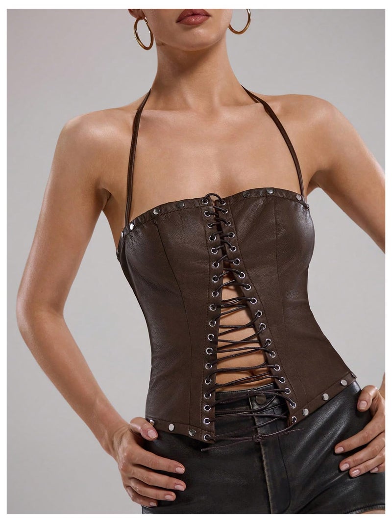 WDIRARA Women's PU Leather Lace Up Halter Top Vintage Western Sleeveless Backless Camisole Tops Brown Small - Image 4