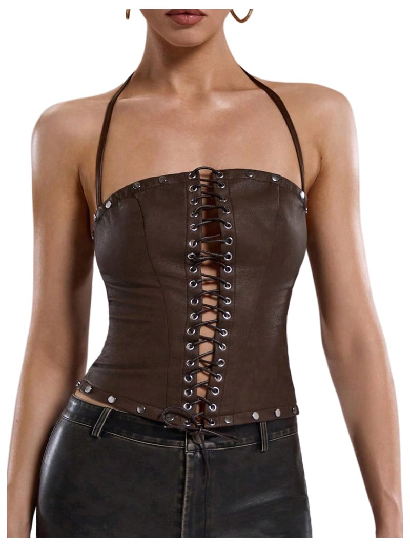 WDIRARA Women's PU Leather Lace Up Halter Top Vintage Western Sleeveless Backless Camisole Tops Brown Small - Image 1