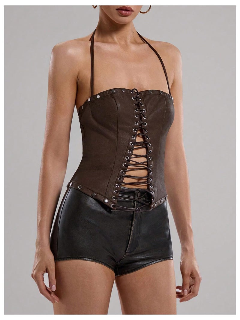 WDIRARA Women's PU Leather Lace Up Halter Top Vintage Western Sleeveless Backless Camisole Tops Brown Small - Image 3