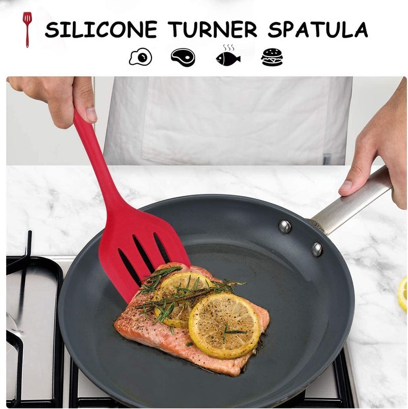 Baskety Silicone Turner Slotted Spatula Non-Stick Flexible Rubber Kitchen Utensil for Fish, Eggs, Pancakes (Red) - Image 4
