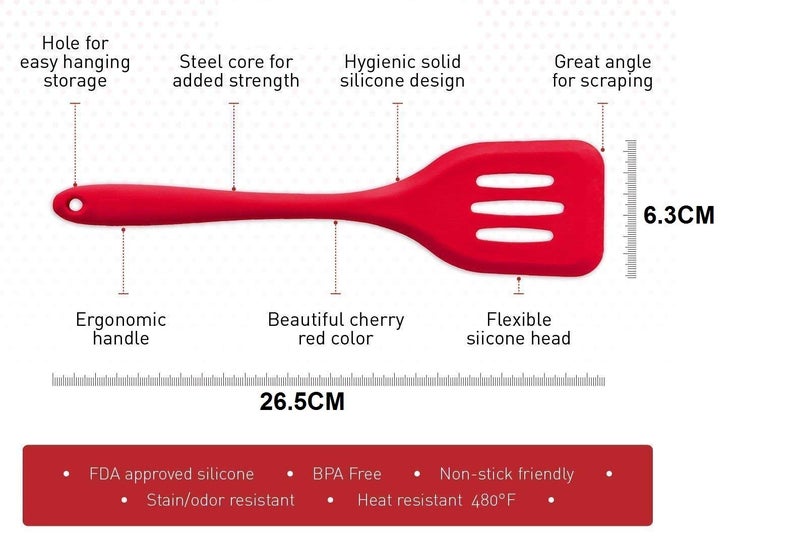Baskety Silicone Turner Slotted Spatula Non-Stick Flexible Rubber Kitchen Utensil for Fish, Eggs, Pancakes (Red) - Image 3