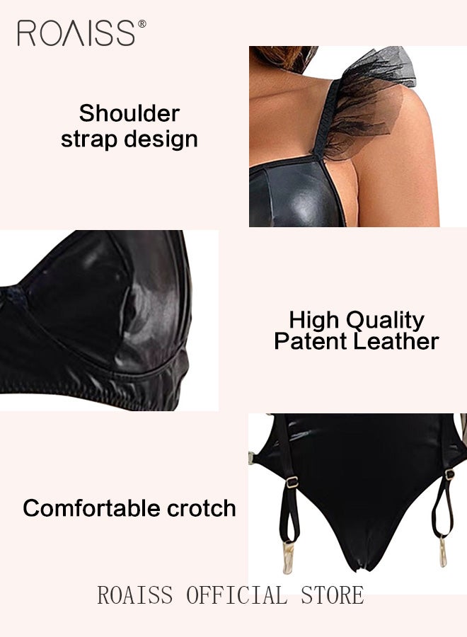 roaiss Split Lingerie Set with Fishnet Stockings for Women 3 Pieces Floral Lace Scallop Trim Garter Underwear Suit Ladies Skin-Friendly and Elastic Slim Fit Costume  - Image 2