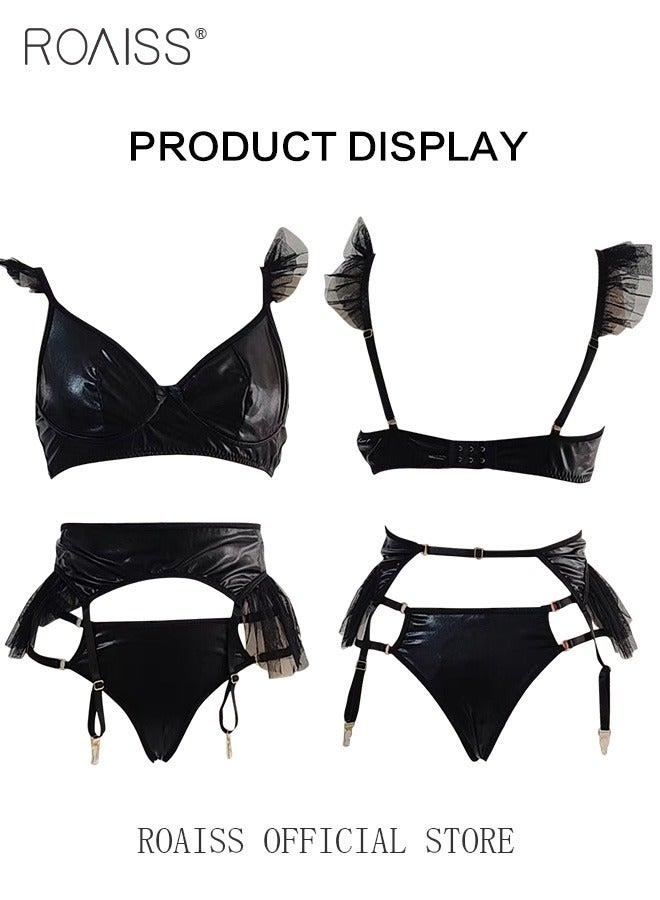 roaiss Split Lingerie Set with Fishnet Stockings for Women 3 Pieces Floral Lace Scallop Trim Garter Underwear Suit Ladies Skin-Friendly and Elastic Slim Fit Costume  - Image 1