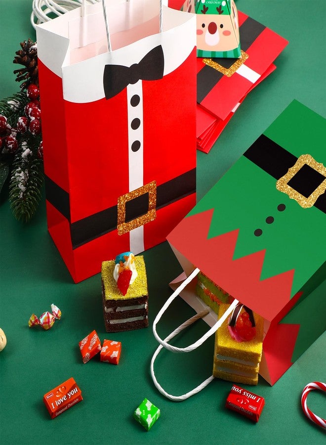 Funrous 16 Pcs Christmas Elf Gift Bags with Handle Bulk Red Green Elf Santa Claus Suit Print Xmas Paper Bag Xmas Candy Treat Goodies Bag Holiday Party Favors Coworker Employee, 8.66 x 6.3 x 3.15 Inch - Image 3