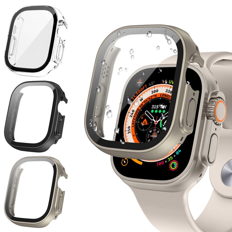 Tensea [3PCS for Apple Watch Screen Protector Case Ultra 3 / Ultra 2 / Ultra 49mm Accessories, iWatch Protective Face Cover for Women Men, Tempered Glass Film Hard Bumper for iPhone Watch 49 mm - Image 1