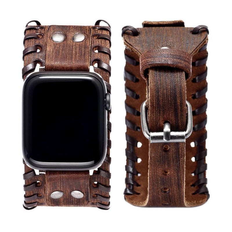 Adjustable Leather Classic Strap Smartwatch Band Compatible with Apple Watch with Fit Replacement Strap for Daily Wear in Brown - Image 1
