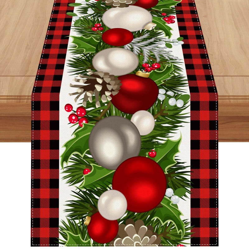 Jiudungs Linen Red and Black Buffalo Check Plaid Christmas Table Runner 108 Inches Long Farmhouse Winter Christmas Xmas Holiday Home Kitchen Table Decorations