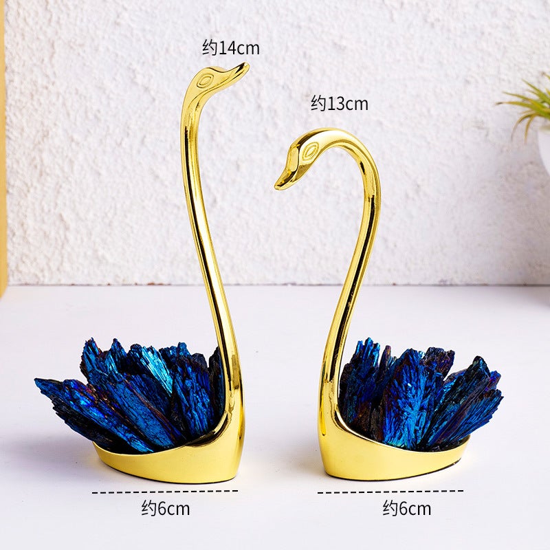Runyangshi Natural Crystal Swan Ornament with Electroplated Black Tourmaline, Blue Feathers, and Purple-Yellow Quartz - Perfect Wedding Gift - Image 1