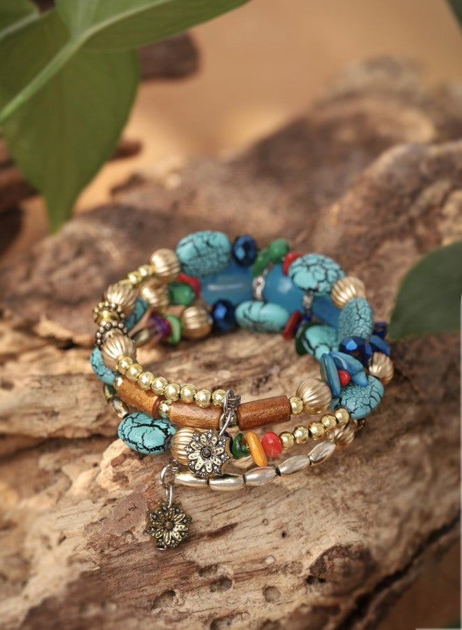 MINACHI Summer Boho Retro Style Multilayer Wrap Irregular Beads with Gold Plated Alloy Flower Charm Bracelets, Blue Tone, Ethnic Jewelry for Women - Image 5