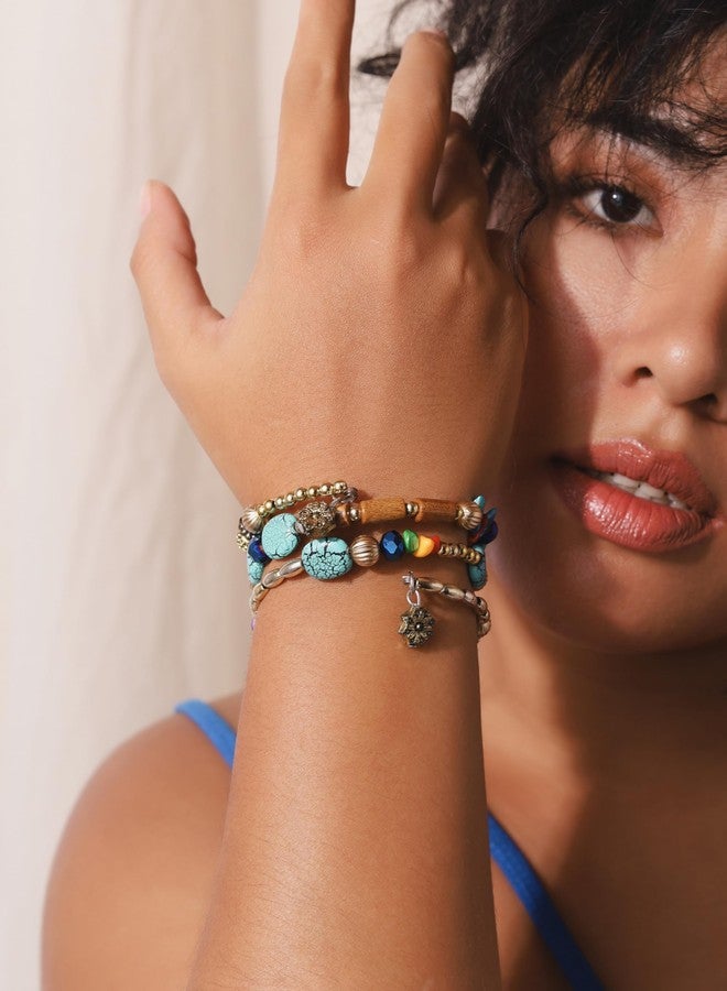 MINACHI Summer Boho Retro Style Multilayer Wrap Irregular Beads with Gold Plated Alloy Flower Charm Bracelets, Blue Tone, Ethnic Jewelry for Women - Image 2