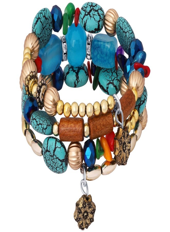 MINACHI Summer Boho Retro Style Multilayer Wrap Irregular Beads with Gold Plated Alloy Flower Charm Bracelets, Blue Tone, Ethnic Jewelry for Women - Image 1
