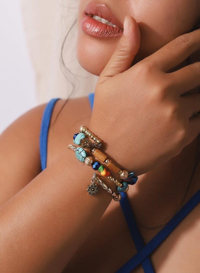 MINACHI Summer Boho Retro Style Multilayer Wrap Irregular Beads with Gold Plated Alloy Flower Charm Bracelets, Blue Tone, Ethnic Jewelry for Women - Image 3