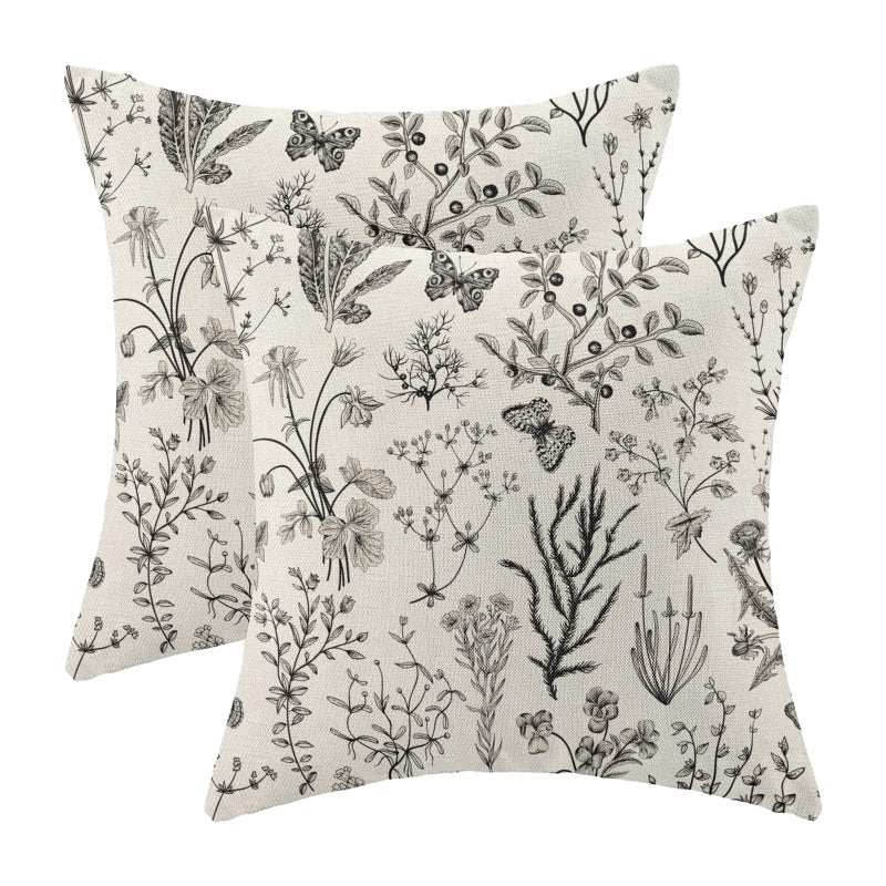 AEIOAE Spring Pillow Covers 18x18 Inch Set of 2,Black Gray Wild Flower Plant Throw Pillows Case,Seasonal Floral Outdoor Decorative Square Linen Farmhouse Decor Cushion Covers for Home Sofa Bed Couch - Image 1