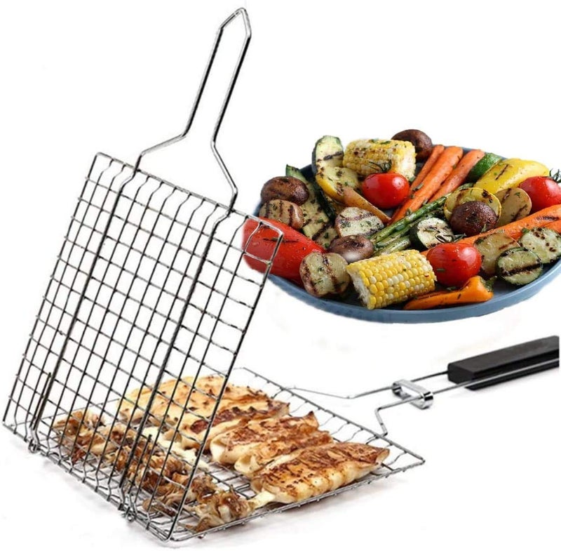 AMULAKH Portable Fish Grill Basket BBQ Grilling Basket for Outdoor Rustproof 304 Stainless Steel Grill Accessories Heavy Duty Shrimp Grill Baskets BBQ Tool for Steak Potatoes Chops Kabob - Image 1