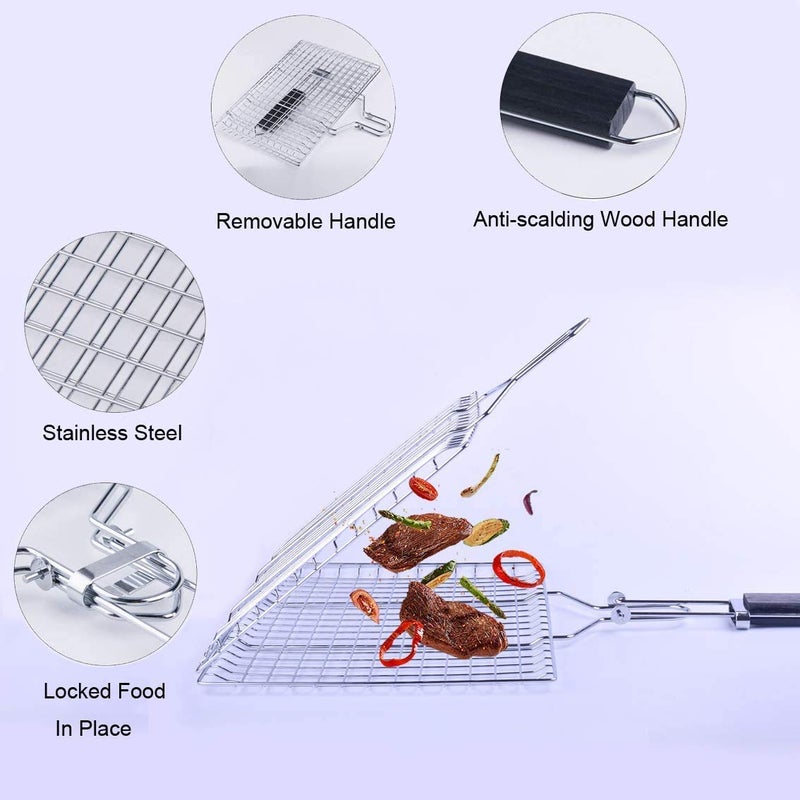 AMULAKH Portable Fish Grill Basket BBQ Grilling Basket for Outdoor Rustproof 304 Stainless Steel Grill Accessories Heavy Duty Shrimp Grill Baskets BBQ Tool for Steak Potatoes Chops Kabob - Image 3