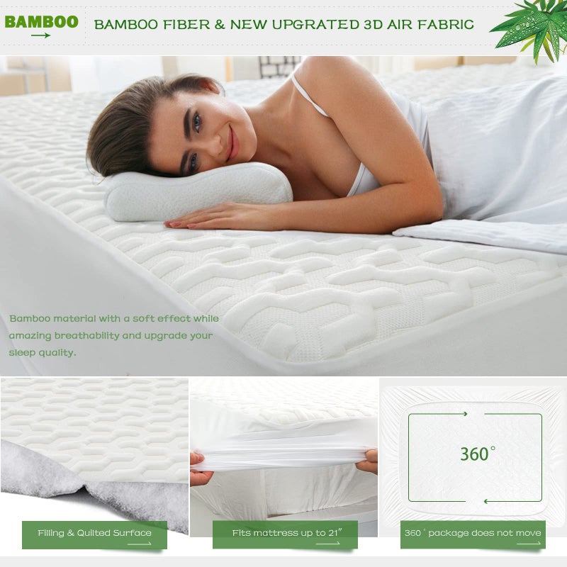GRT Waterproof Rayon Bamboo Mattress Protector King Size - 3D Air Fiber Mattress Protector Cover  Cooling Mattress Pad Breathable Ultra Soft Noiseless 8''-21'' Deep Pocket Machine Washable - Image 3
