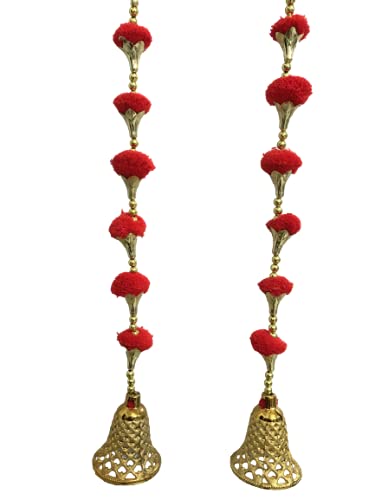 Aahum Handmade Wall Door Red Color Pom Pom String with Golden Beads,Triangle Flowers Hanging Torans Garland Bandhwar Decoration Item for Home Décor Diwali Festival,Navratri,Wedding (4 FT 2 Strings) - Image 4
