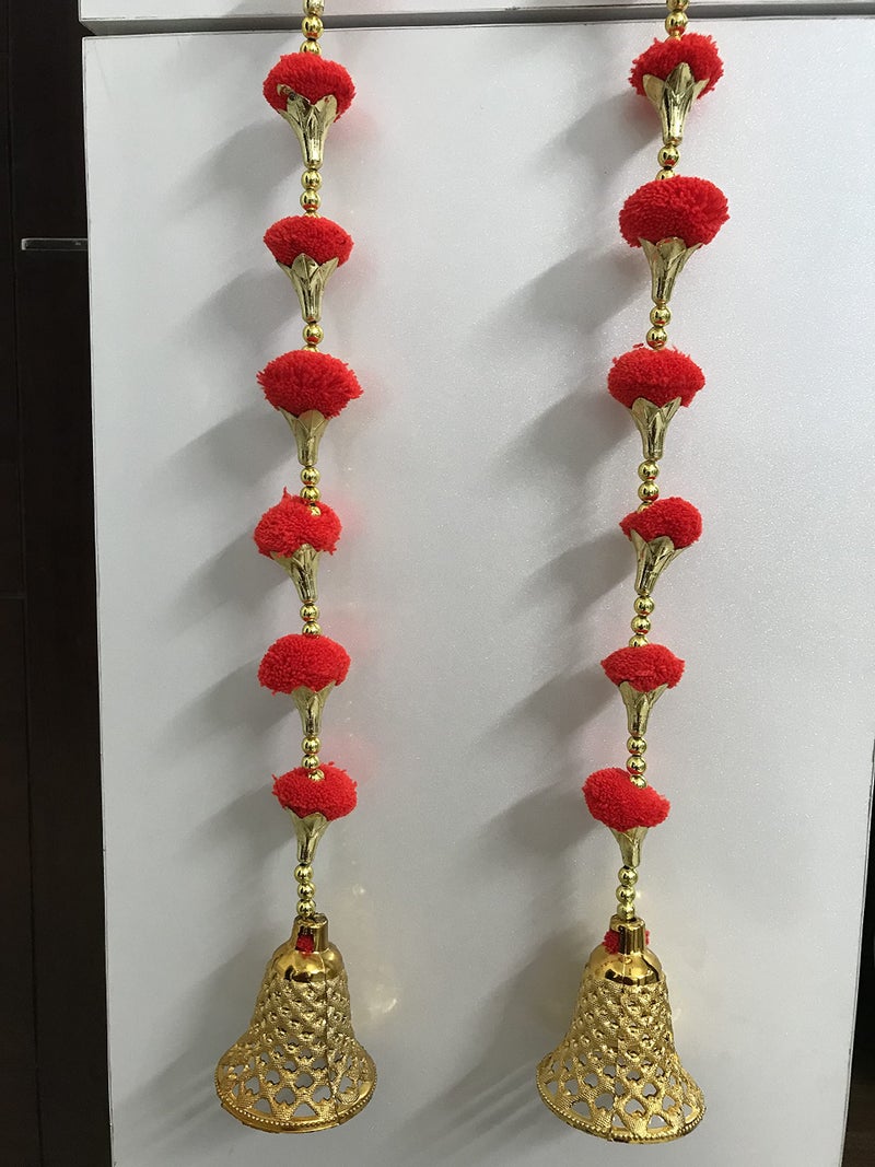 Aahum Handmade Wall Door Red Color Pom Pom String with Golden Beads,Triangle Flowers Hanging Torans Garland Bandhwar Decoration Item for Home Décor Diwali Festival,Navratri,Wedding (4 FT 2 Strings) - Image 5