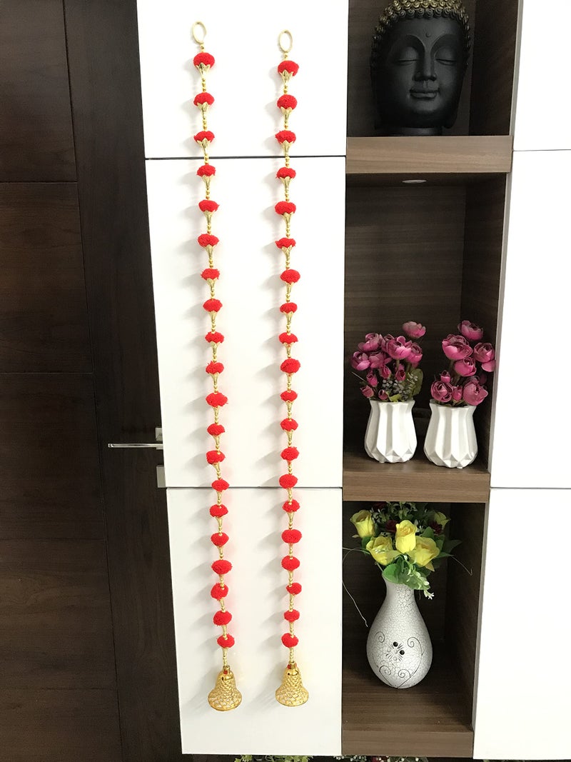Aahum Handmade Wall Door Red Color Pom Pom String with Golden Beads,Triangle Flowers Hanging Torans Garland Bandhwar Decoration Item for Home Décor Diwali Festival,Navratri,Wedding (4 FT 2 Strings) - Image 2