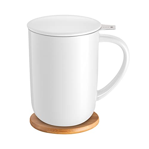 CEEFU Porcelain Tea Mug with Infuser and Lid, with Filter and Coaster, Loose Leaf Tea Cup Steeper Maker, 16 OZ for Tea/Coffee/Milk/Women/Office/Home/Gift (White) - Image 1