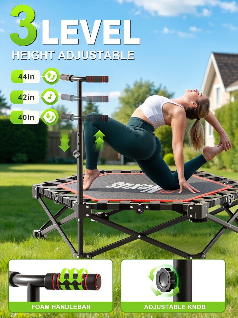 FitNexus 42" Foldable Mini Trampoline- 450lb Capacity Fitness Rebounder w/3-Level Adjustable T-Bar, Adults Workout Trampoline, Non-Slip Pad | Foldable Design for Home/Gym (Black Red) - Image 2