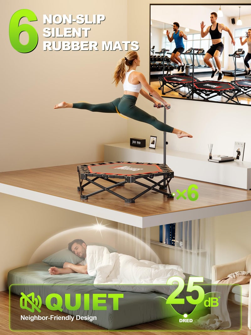 FitNexus 42" Foldable Mini Trampoline- 450lb Capacity Fitness Rebounder w/3-Level Adjustable T-Bar, Adults Workout Trampoline, Non-Slip Pad | Foldable Design for Home/Gym (Black Red) - Image 3