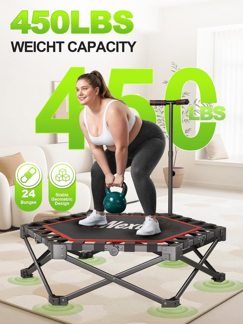 FitNexus 42" Foldable Mini Trampoline- 450lb Capacity Fitness Rebounder w/3-Level Adjustable T-Bar, Adults Workout Trampoline, Non-Slip Pad | Foldable Design for Home/Gym (Black Red) - Image 5