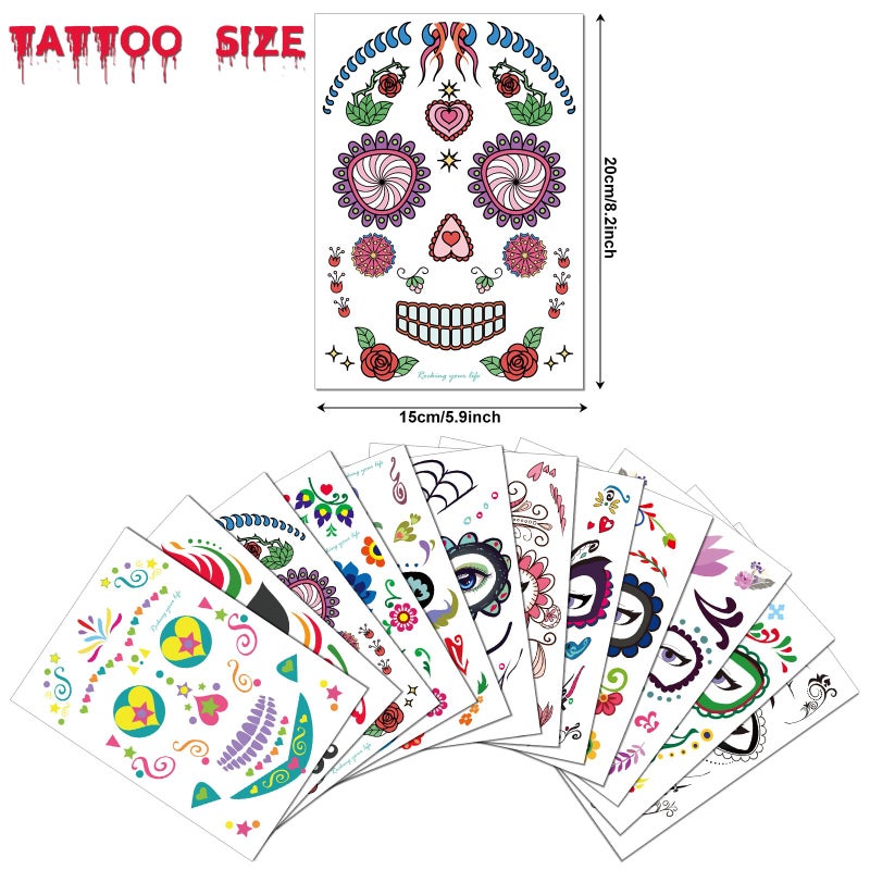 Konsait Halloween Temporary Face Tattoos (12Pack), Konsait Day of the Dead Sugar Skull Floral Black Skeleton Web Red Roses Full Face Mask Tattoo for Women Men Adult Kids Boys Halloween Party Favor Supplies - Image 2