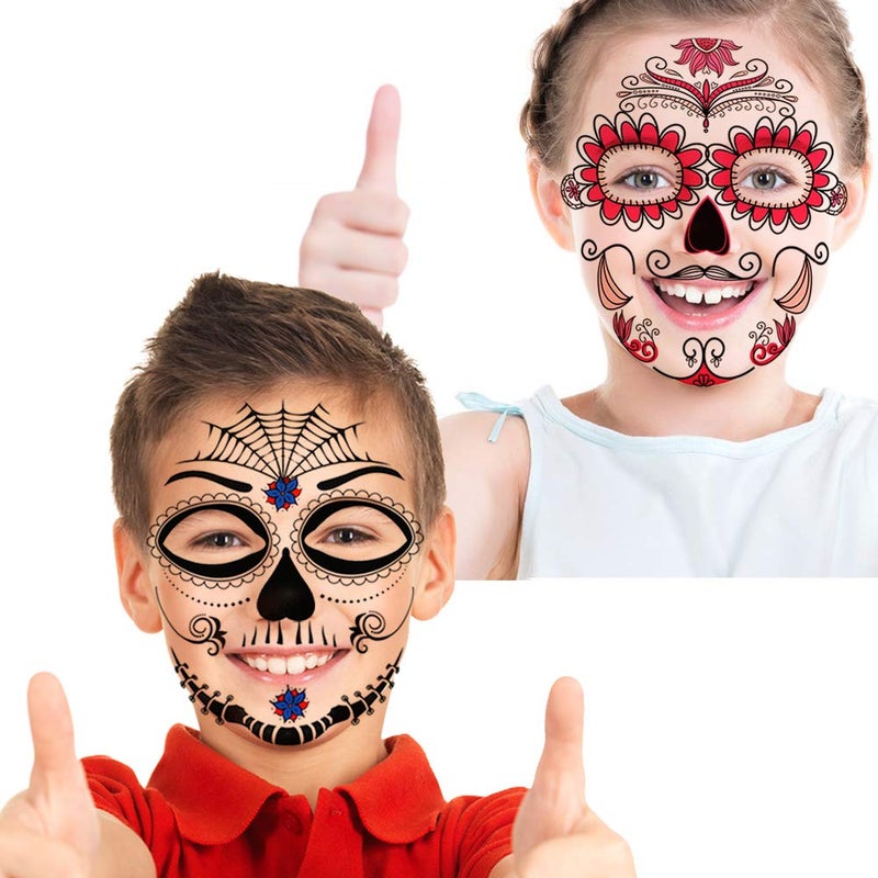 Konsait Halloween Temporary Face Tattoos (12Pack), Konsait Day of the Dead Sugar Skull Floral Black Skeleton Web Red Roses Full Face Mask Tattoo for Women Men Adult Kids Boys Halloween Party Favor Supplies - Image 5