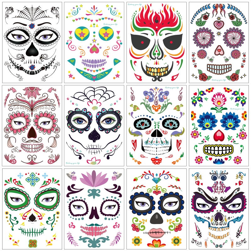 Konsait Halloween Temporary Face Tattoos (12Pack), Konsait Day of the Dead Sugar Skull Floral Black Skeleton Web Red Roses Full Face Mask Tattoo for Women Men Adult Kids Boys Halloween Party Favor Supplies - Image 1