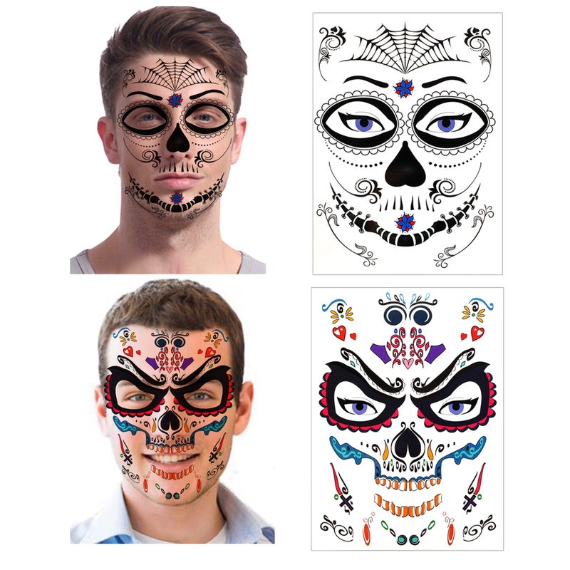 Konsait Halloween Temporary Face Tattoos (12Pack), Konsait Day of the Dead Sugar Skull Floral Black Skeleton Web Red Roses Full Face Mask Tattoo for Women Men Adult Kids Boys Halloween Party Favor Supplies - Image 3
