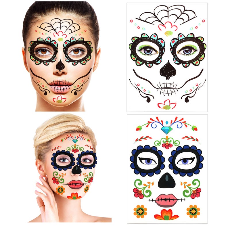 Konsait Halloween Temporary Face Tattoos (12Pack), Konsait Day of the Dead Sugar Skull Floral Black Skeleton Web Red Roses Full Face Mask Tattoo for Women Men Adult Kids Boys Halloween Party Favor Supplies - Image 4