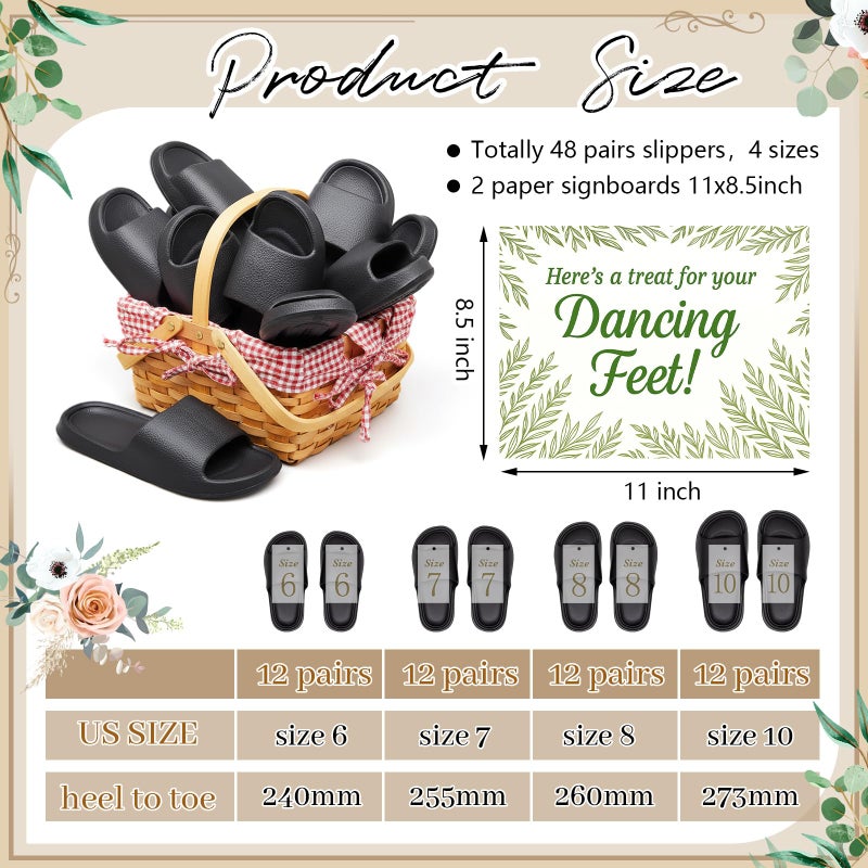 Chicingyou 48 Pairs Slide Sandals Bulk Wedding Flip Flops 4 Sizes Slippers with Sign Cards for Reception Guests Men Women House Shoes Washable(6-10,Black) - Image 4
