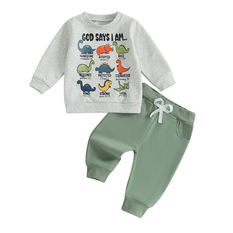 Fernvia Toddler Boy Fall Winter Clothes God Says I Am Long Sleeve Pullover Sweatshirts + Solid Joggers Pants Outfits Set (A Dinosaur Green, 2-3T) - Image 1