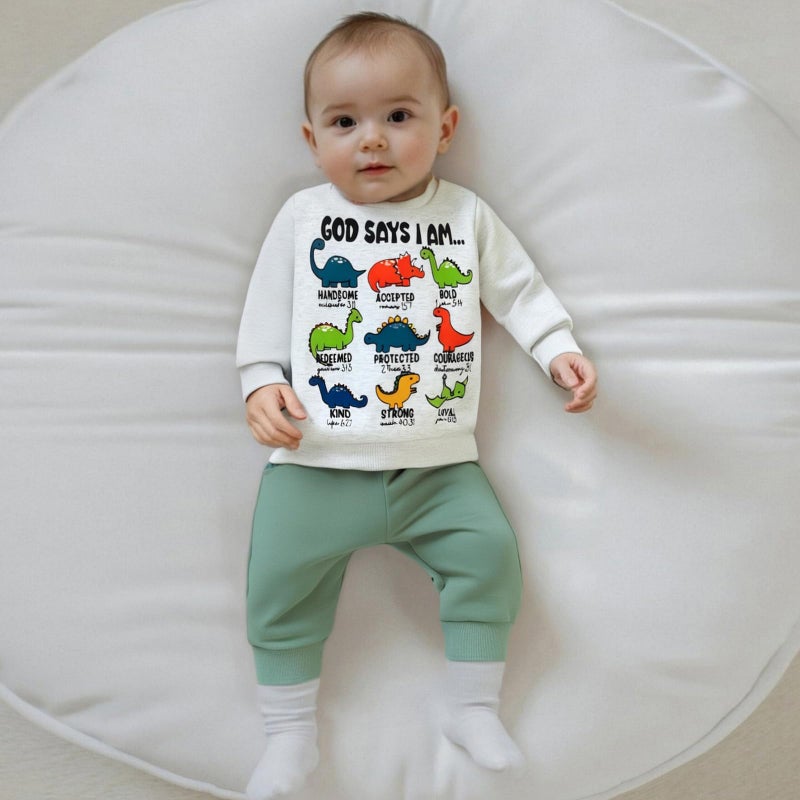 Fernvia Toddler Boy Fall Winter Clothes God Says I Am Long Sleeve Pullover Sweatshirts + Solid Joggers Pants Outfits Set (A Dinosaur Green, 2-3T) - Image 2