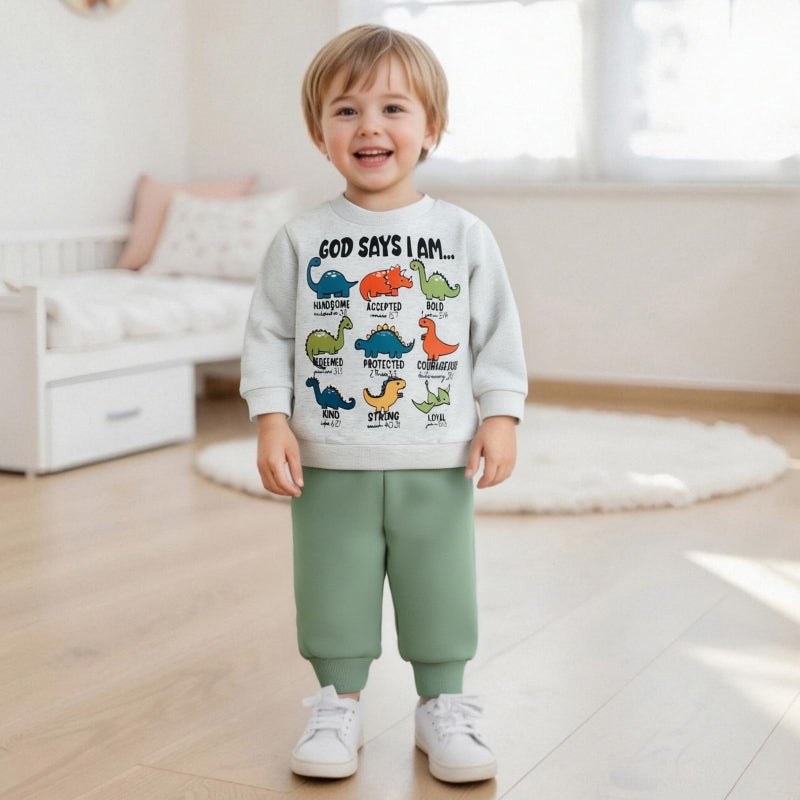Fernvia Toddler Boy Fall Winter Clothes God Says I Am Long Sleeve Pullover Sweatshirts + Solid Joggers Pants Outfits Set (A Dinosaur Green, 2-3T) - Image 3